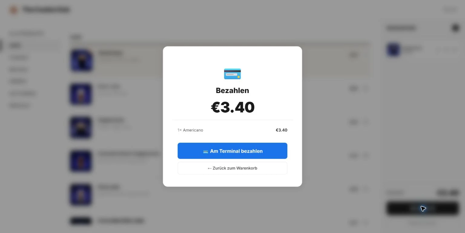 Kiosk-Bezahlansicht mit der Auswahl ‚Am Terminal bezahlen‘