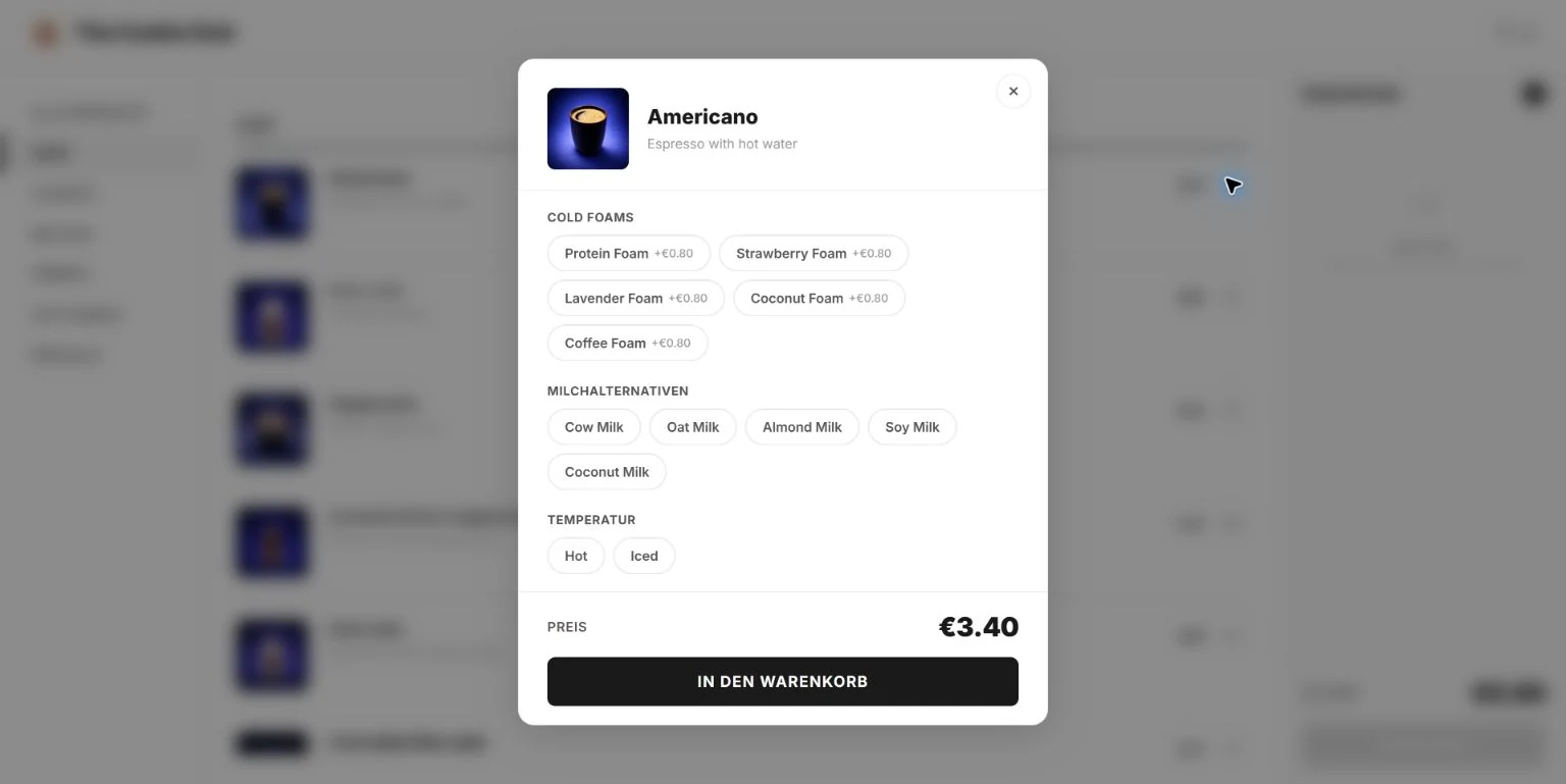 Kiosk-Produktkonfiguration für Americano mit Extras, Milchalternativen und Temperatur